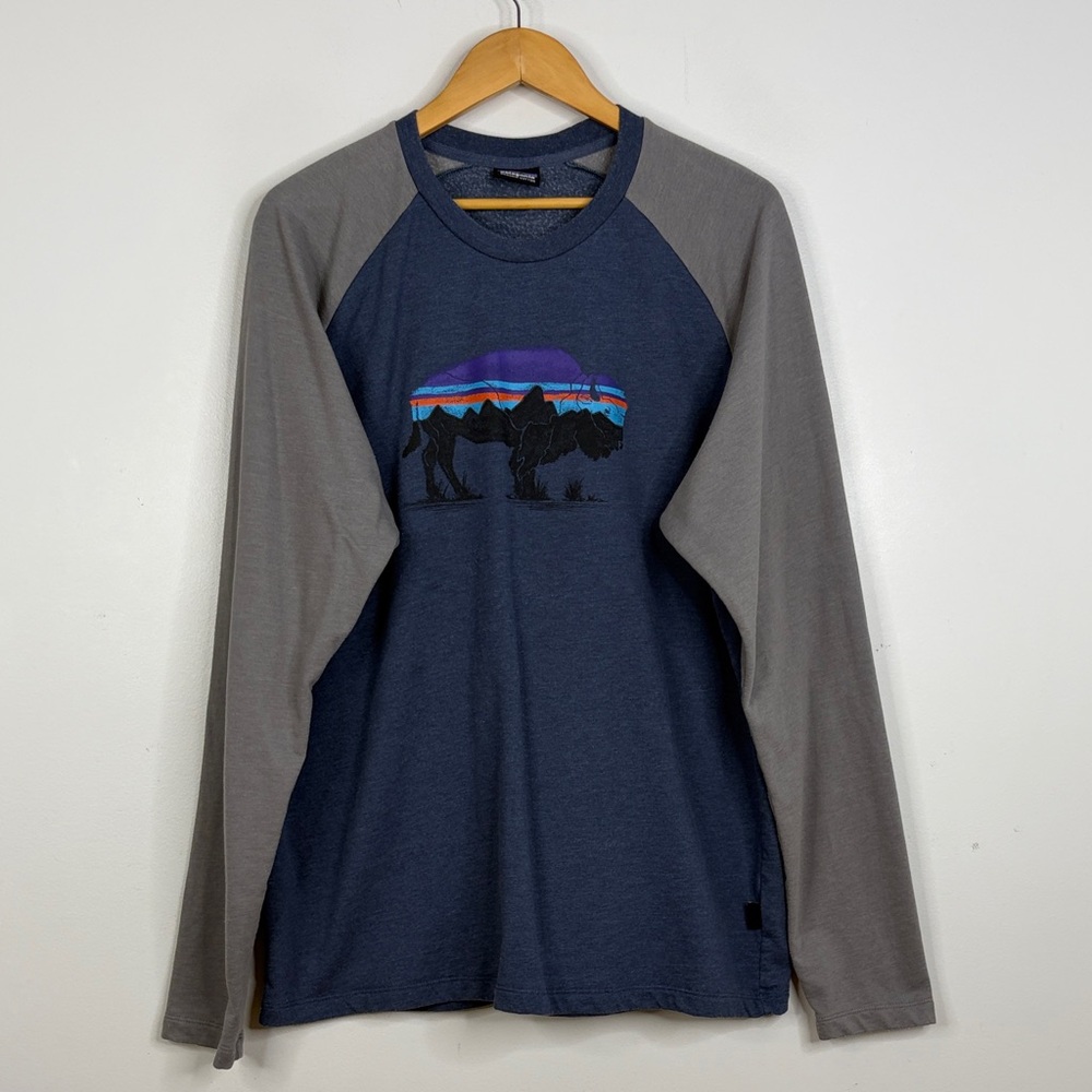 Patagonia Sweatshirt Mens XXL Blue Gray Fitz Roy Bison Lightweight Fleece Crew